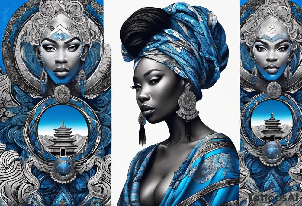 guerreiro Ogun africano realista de corpo inteiro em preto e cinza com tons de azul
 no fudo savana tattoo idea
