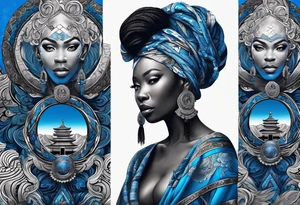 guerreiro Ogun africano realista de corpo inteiro em preto e cinza com tons de azul
 no fudo savana tattoo idea