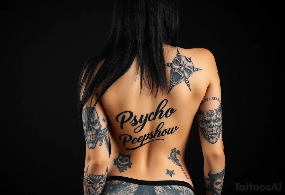 the canvas is a beautiful Colombian Latina female with long straight black  hair , natural tanned skin tone , medium sized firm breasts, she is covered in chicana style tattoos  with a smiling theater mask on one thigh  and on the other an evil face theater mask [[ her stomach  has " psycho peepshow" in script  in an upward arch]]  , various other tattoos  with a  provocative theme combined with psycho crazy themes , she is topless but has a thin small bikini bottom on  and posed like professional photo shoot with a stout pitbull with spiked collar and a leash that she holds in one hand, studio lighting with black backdrop tattoo idea