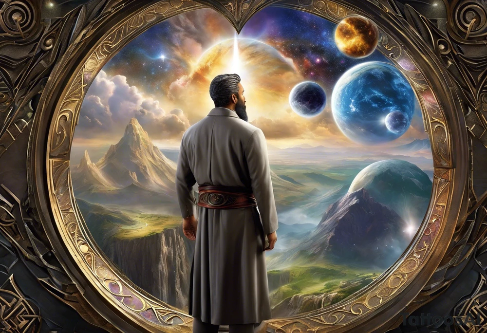 Jehovah looking out at the marvels of his creation from the atoms to the galaxy and celestial beings. With grey wash and a fantasy theme. Jehovah has to be a character who is so majestic, charismatic, immensely powerful. There isnt a single thing he isnt capable of doing. Infinitely powerful forward facing. Without the pagan styled attire and without the pagan symbols etcetera, shirtless, large muscular athletic physique, deep muscle definition tattoo idea