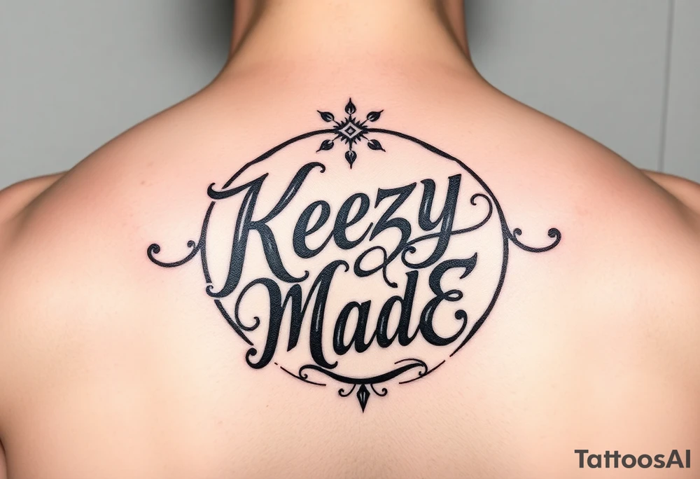 letters only fancy but rugged twisted and intertwined circular arched curvy lettering in a circular  that would be clothing brand style that says (KeezY MadE) tattoo idea