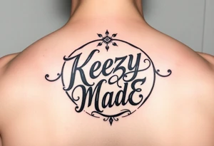 letters only fancy but rugged twisted and intertwined circular arched curvy lettering in a circular  that would be clothing brand style that says (KeezY MadE) tattoo idea