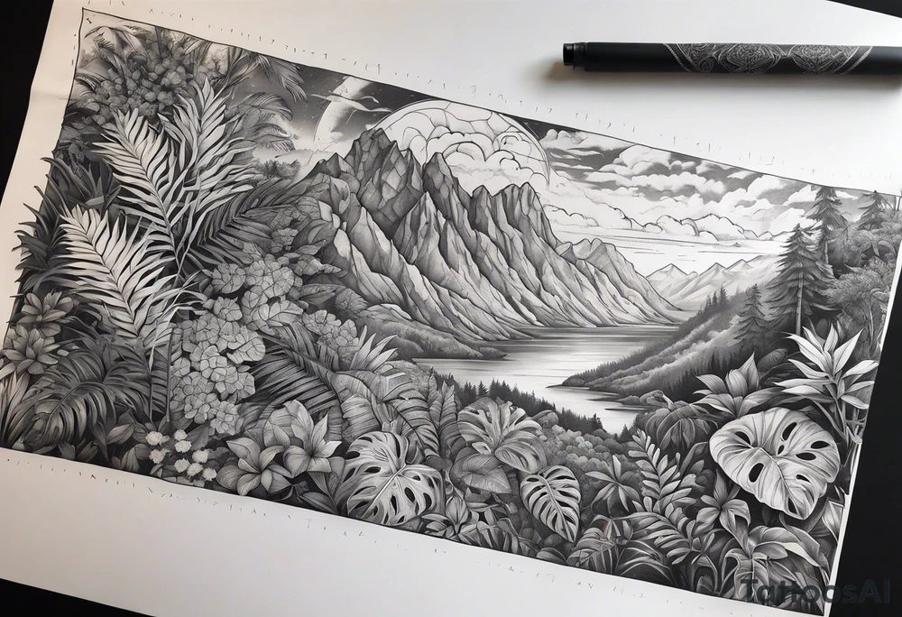 arm sleeve tattoo with The Helm of Awe surrounded by jungle plants tattoo idea