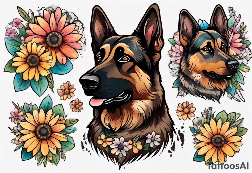 Dark Brown German shepherd portrait surrounded by  colorful daisies tattoo idea