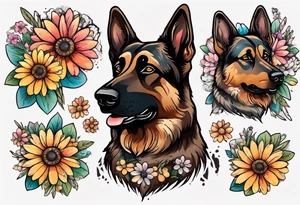 Dark Brown German shepherd portrait surrounded by  colorful daisies tattoo idea