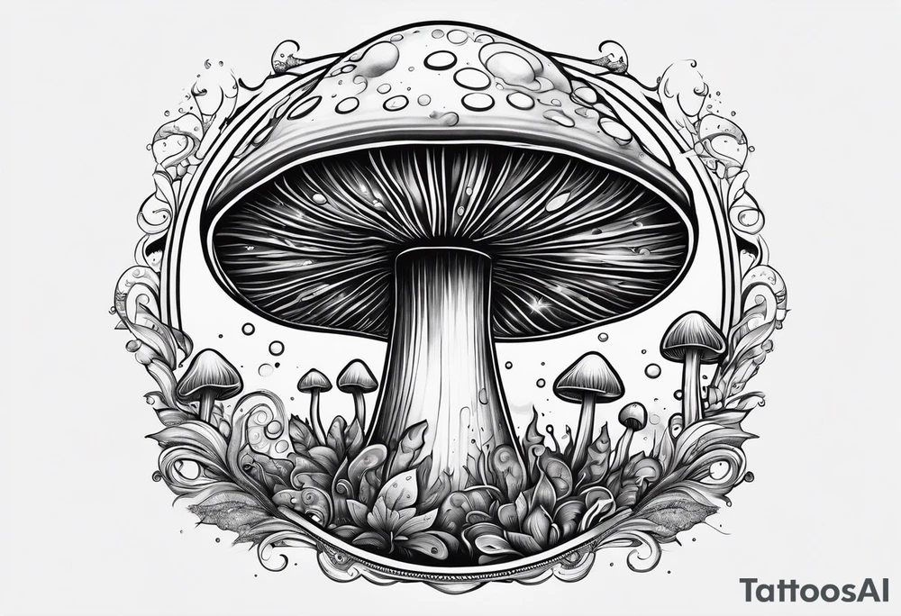 Psychedelic mushroom rocket bursting out of bubble into spiritual realm tattoo idea