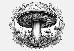 Psychedelic mushroom rocket bursting out of bubble into spiritual realm tattoo idea