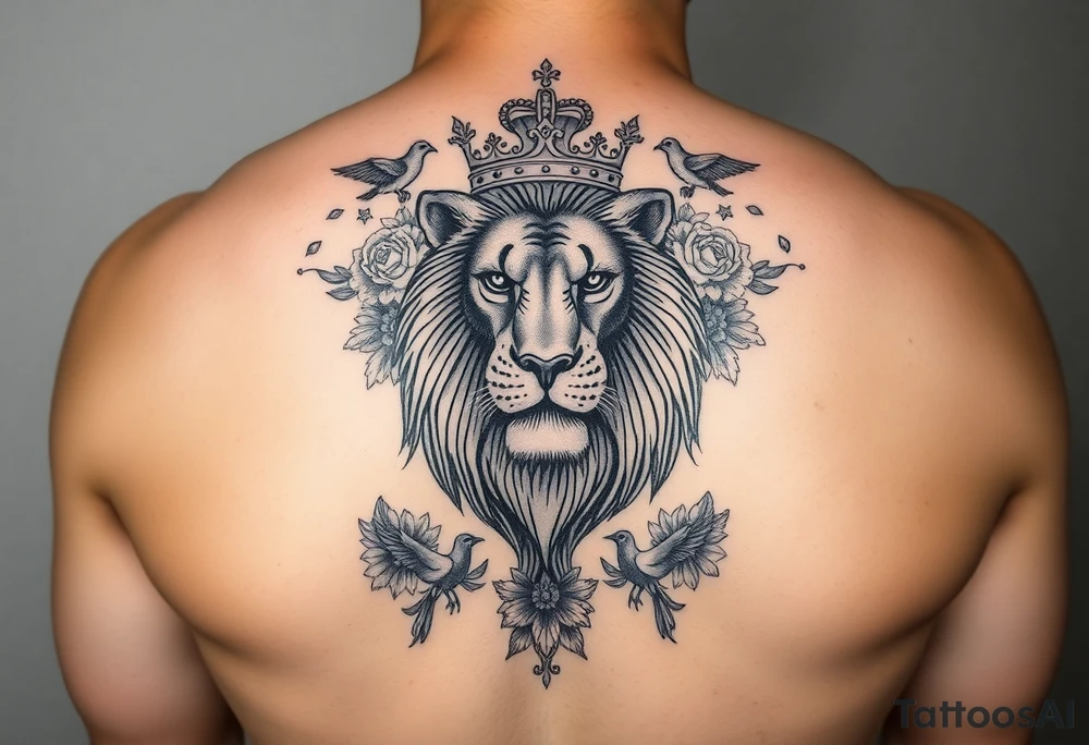 powerful majestic lion with a crown, surrounded by floral ornaments and birds tattoo idea