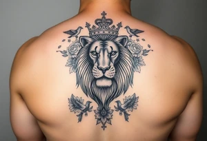 powerful majestic lion with a crown, surrounded by floral ornaments and birds tattoo idea