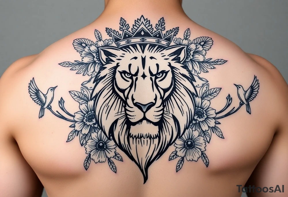 powerful majestic lion with a crown, surrounded by floral ornaments and birds tattoo idea