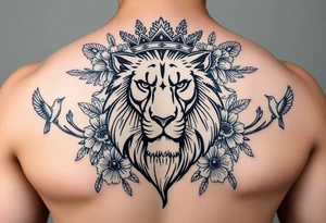 powerful majestic lion with a crown, surrounded by floral ornaments and birds tattoo idea