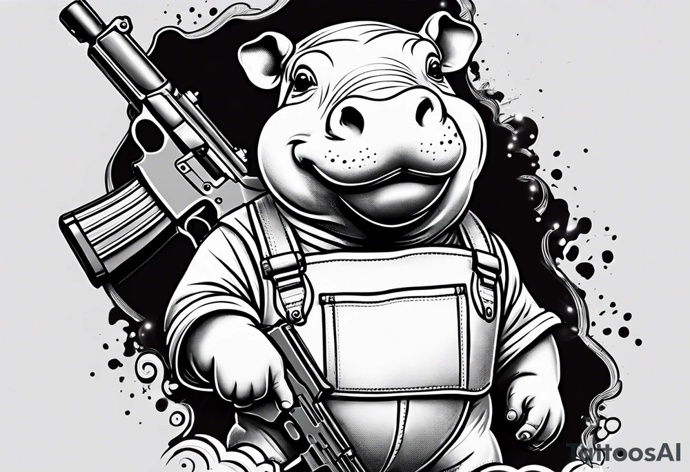 Baby hippo wearing overalls and holding a gun tattoo idea