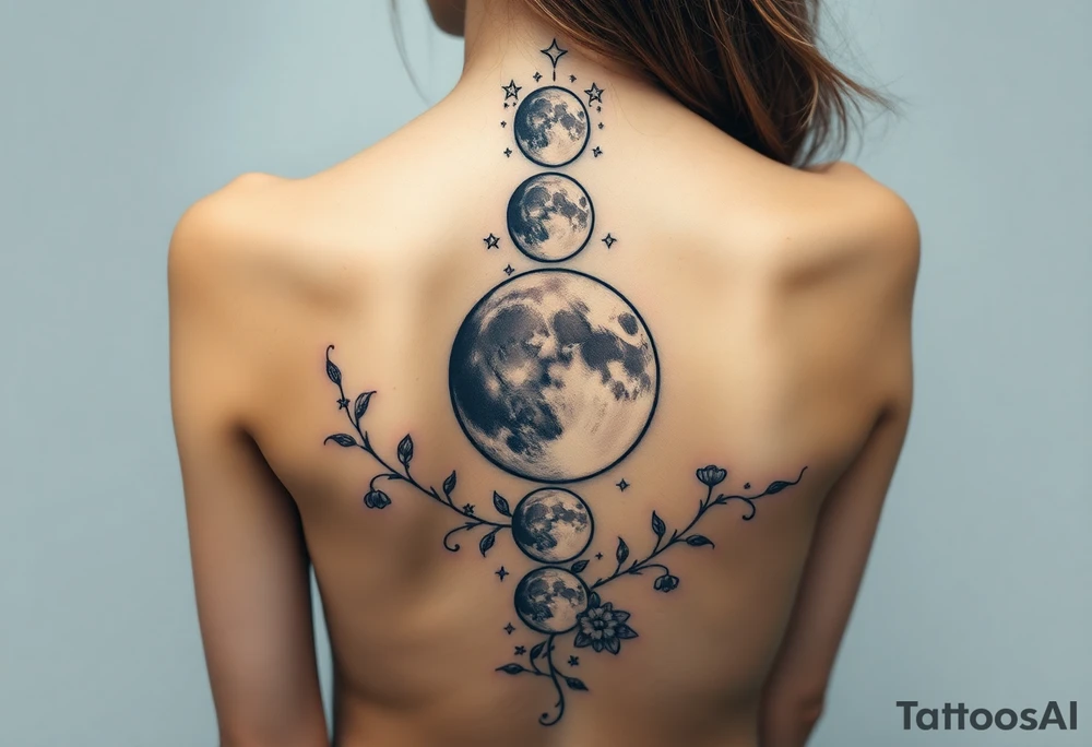 Phases of the moon detailed down the spine details on the moon. With vines and stars and flowers along the sides down beside the phases of the moon tattoo idea