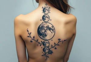 Phases of the moon detailed down the spine details on the moon. With vines and stars and flowers along the sides down beside the phases of the moon tattoo idea