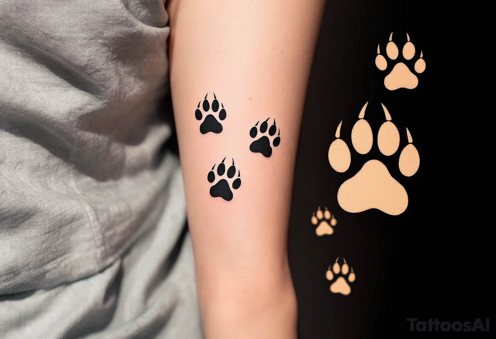 Negative Space Paw Prints – Skin-tone cutouts in a dark shaded background, creating the illusion of paw prints through light and shadow contrast. tattoo idea