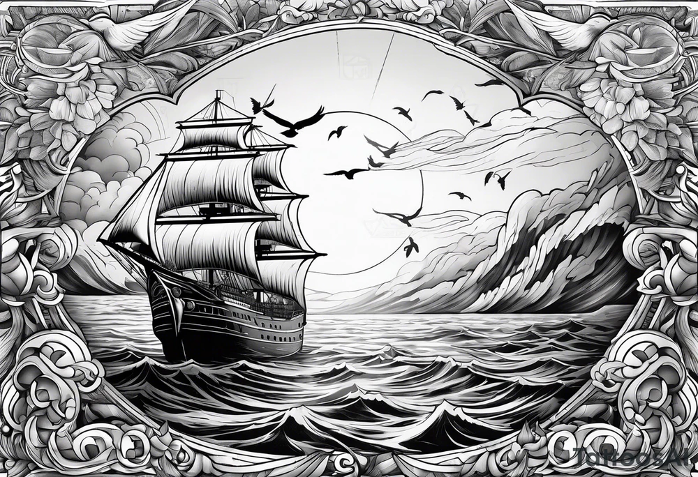 huge ship in the sea with sun on the sky and birds
without many details tattoo idea