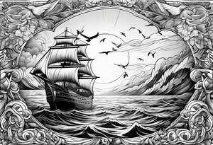 huge ship in the sea with sun on the sky and birds
without many details tattoo idea