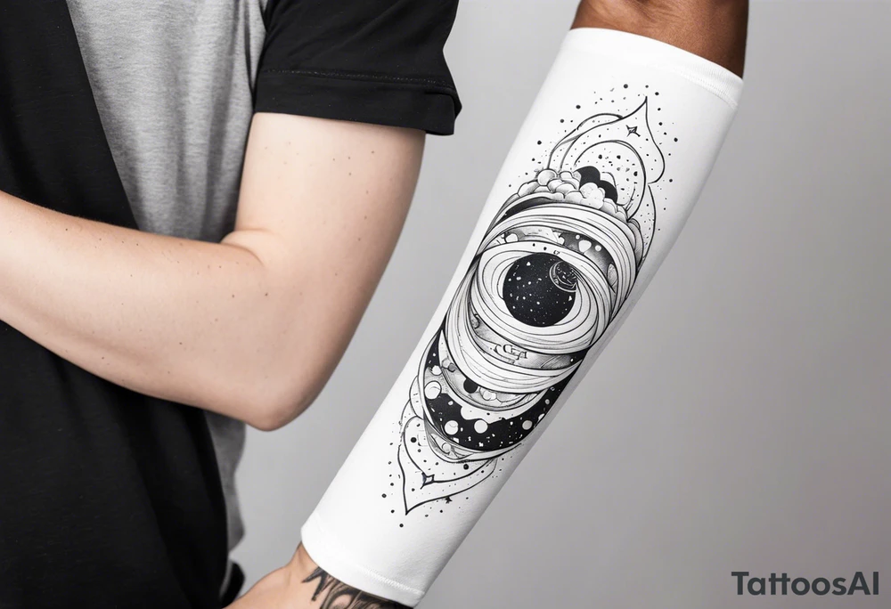 Galaxy with stars and planets in a minimalist style calf sleeve, with the quote, "Made for another world" tattoo idea