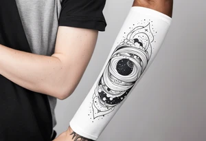 Galaxy with stars and planets in a minimalist style calf sleeve, with the quote, "Made for another world" tattoo idea