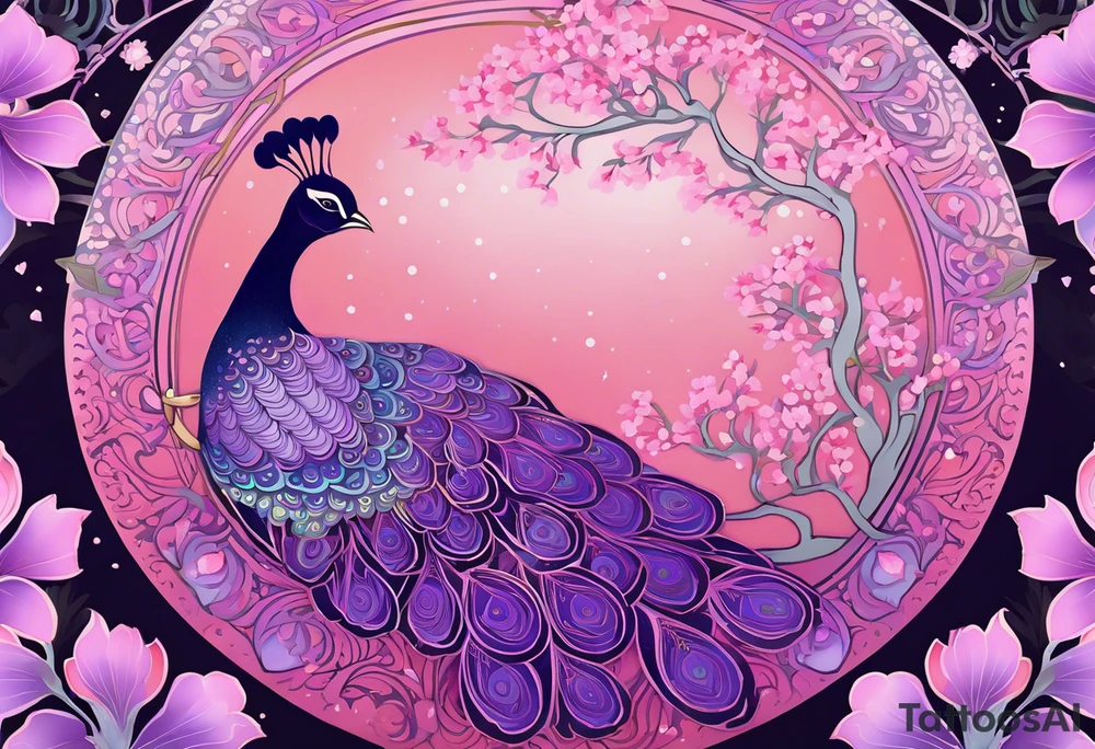 An Art Nouveau-mandala fusion illustration of a twilight sakura garden with glowing peafowls. The garden is filled with pink and lavender sakura blossoms, and exotic peafowls with ethereal, glowing feathers spread their tails. Each feather is decorated with intricate mandala details. The garden is bordered by Art Nouveau-inspired curved lines and delicate scrollwork that lead into concentric circles of cherry blossoms and vines. The color palette is a soft blend of blush pinks, lilacs, and deep indigo, with a hint of golden light illuminating the scene like lanterns. A mist of magic floats around, adding an enchanting glow to this peaceful, floral sanctuary. tattoo idea