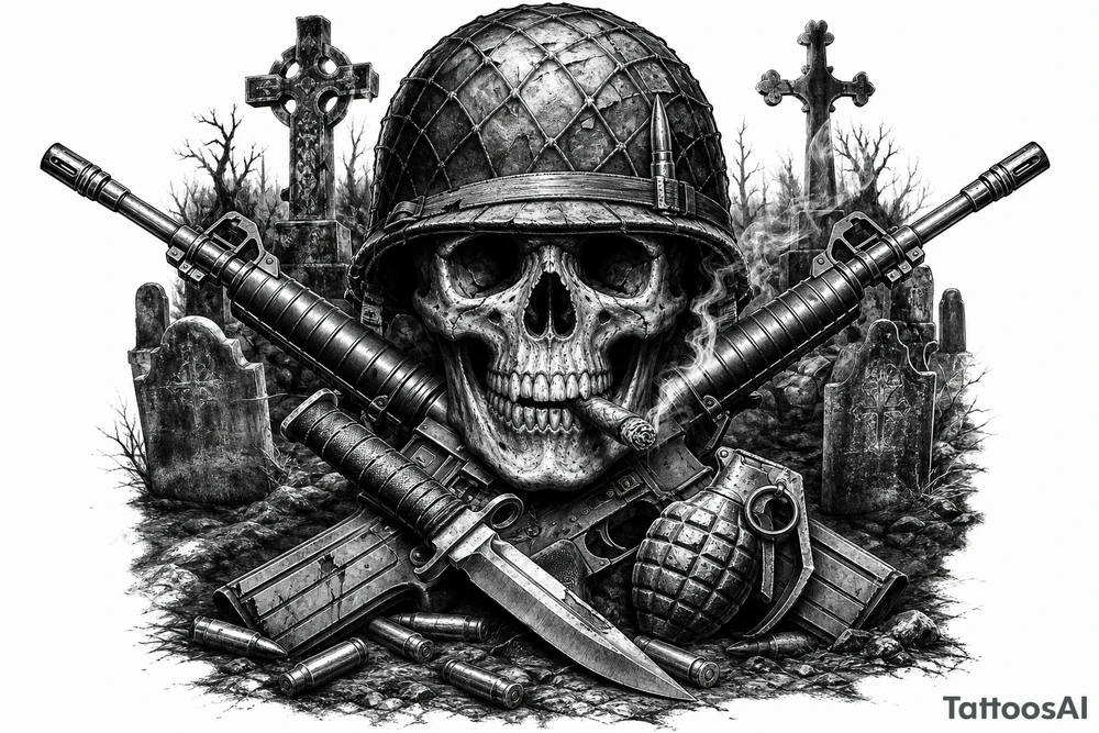 Graveyard scene with skull in helmet, cigar, crossed rifles, knife, grenade, cartridges, dark fantasy. tattoo idea