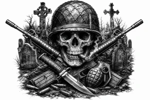 Graveyard scene with skull in helmet, cigar, crossed rifles, knife, grenade, cartridges, dark fantasy. tattoo idea