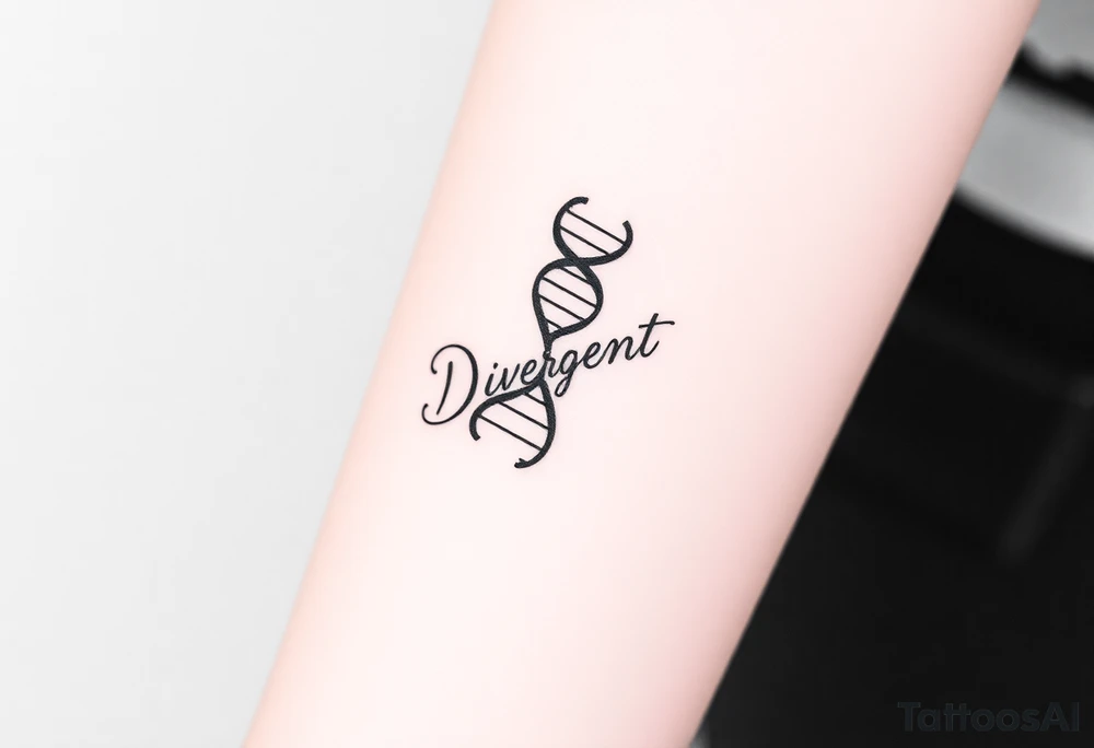 A DNA strand with the word "Divergent" subtly woven into its helix, symbolizing genetic uniqueness tattoo idea