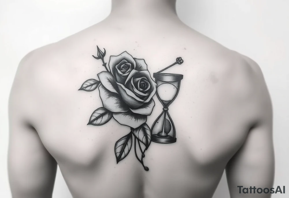 Arose in the shape of a heart with pieces of the Rose blowing away in the wind and the other half an hourglass with the sand out of time black and white feminine realistic for the top of my shoulder tattoo idea
