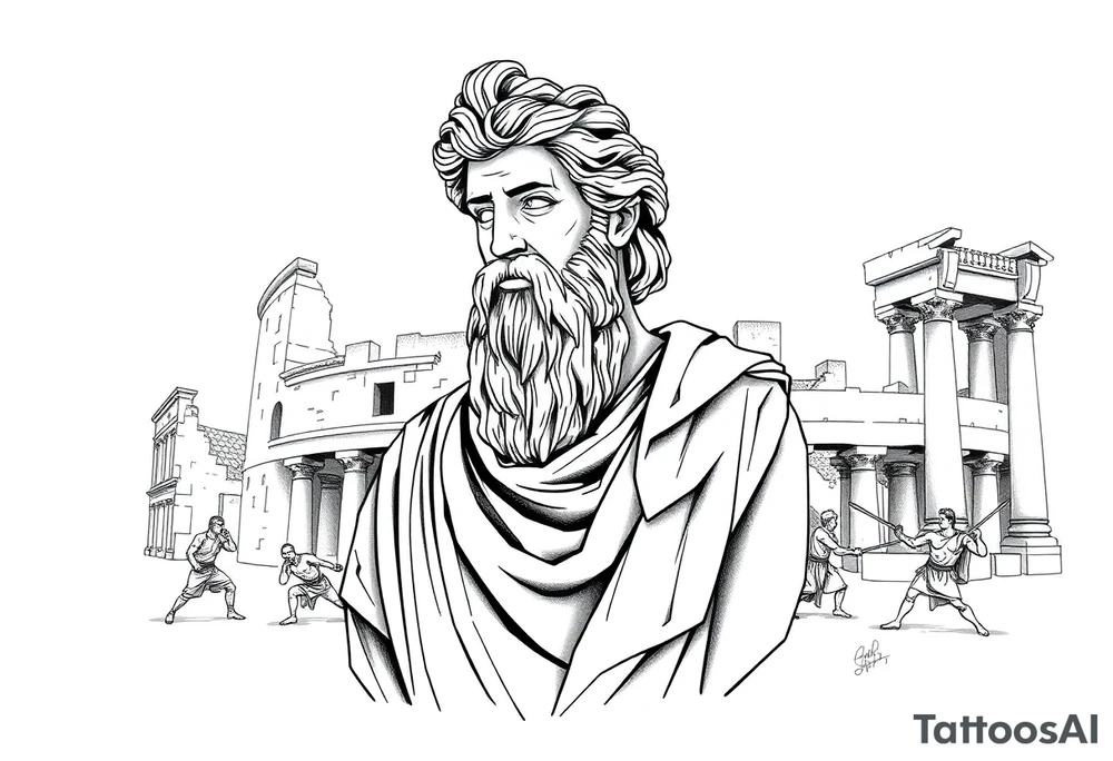 greek philosopher statue with masculine Fram in front of old broken greek buildings with fighters in the coliseum tattoo idea