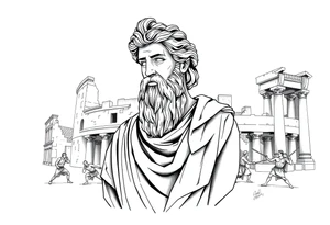 greek philosopher statue with masculine Fram in front of old broken greek buildings with fighters in the coliseum tattoo idea