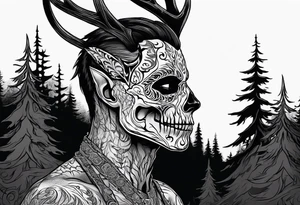 A spooky dead NO SKIN lore accurate wendigo side profile surrounded by a forest fire in background tattoo idea