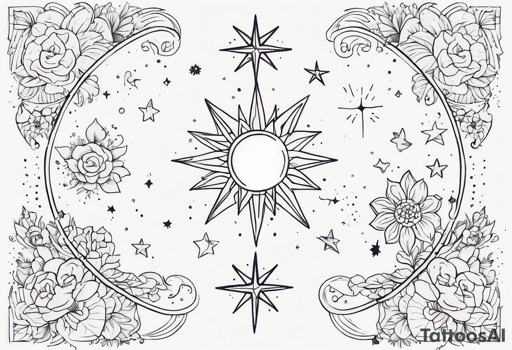 fine line with sun, stars, floral, dots. Sternum tattoo tattoo idea