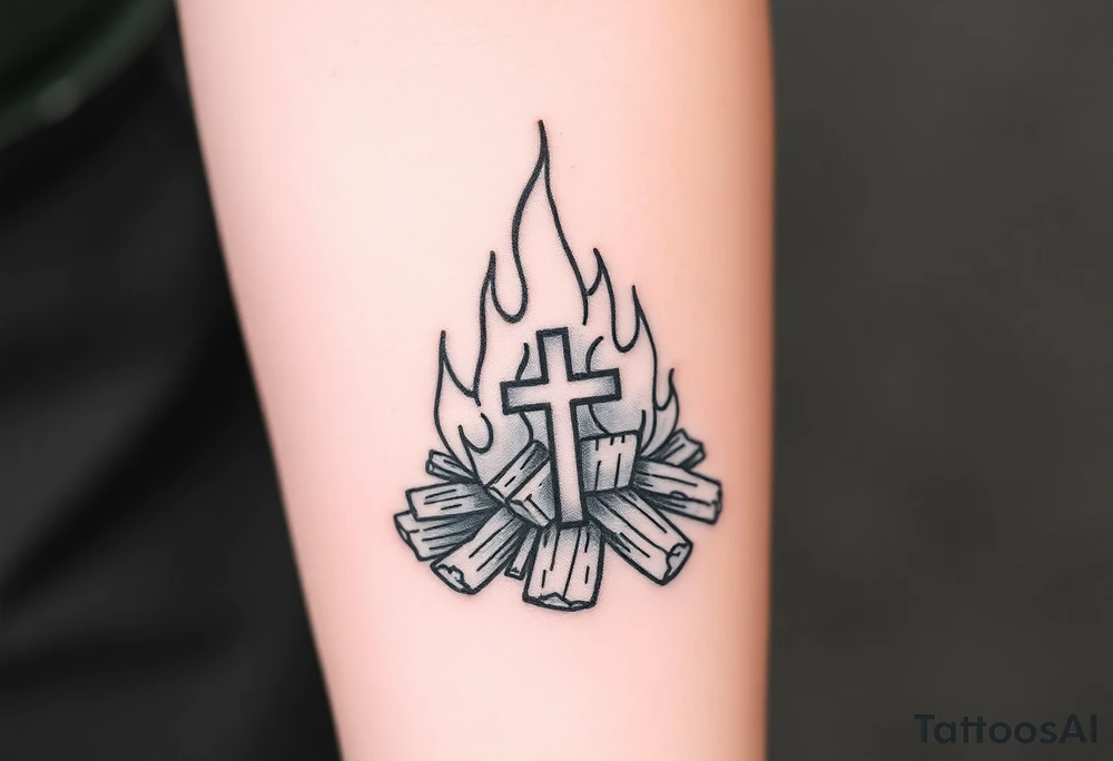 Campfire with a cross hidden in the flames tattoo idea