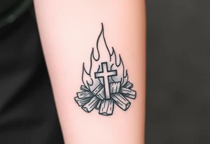 Campfire with a cross hidden in the flames tattoo idea