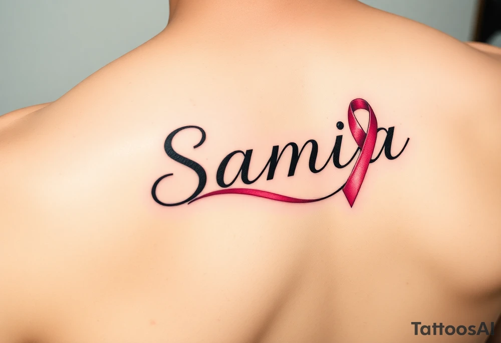 The name Samia. With a breast cancer (in pink) ribbon flowing off the last a. tattoo idea