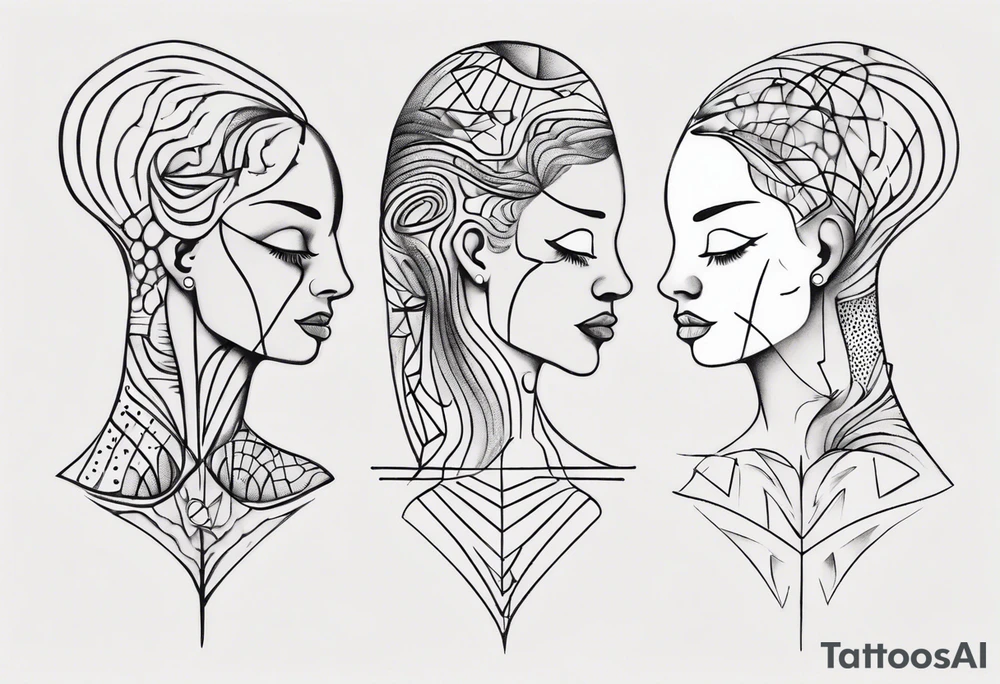 Abstract fine line woman dotwork tattoo idea