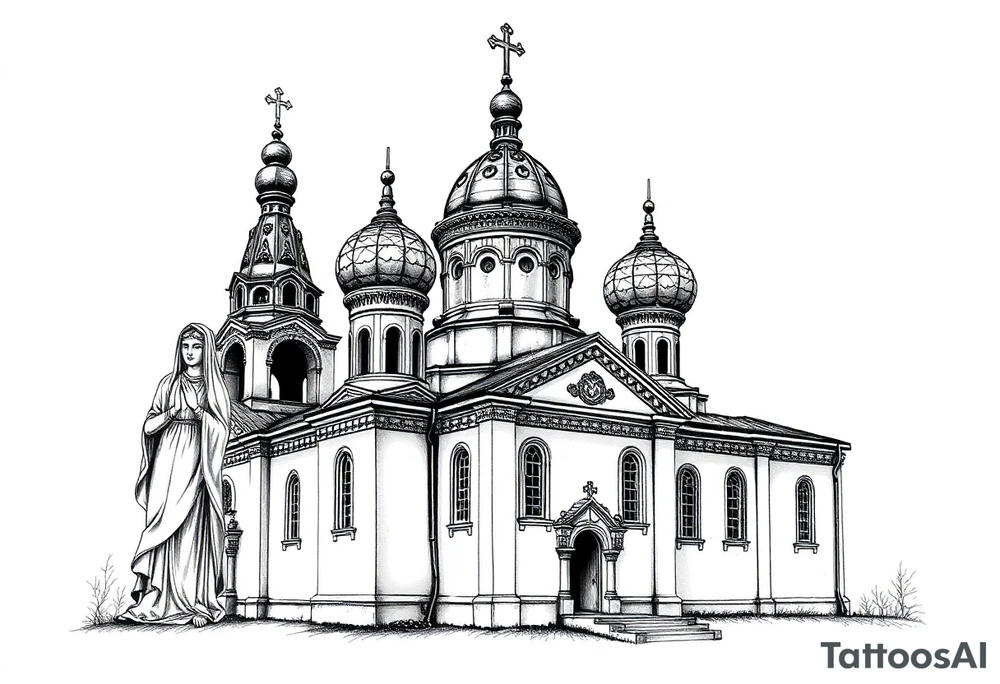 Russian orthodox church with bulb domes with a prominent russian orthodox style virgin mary stood outside to the left tattoo idea