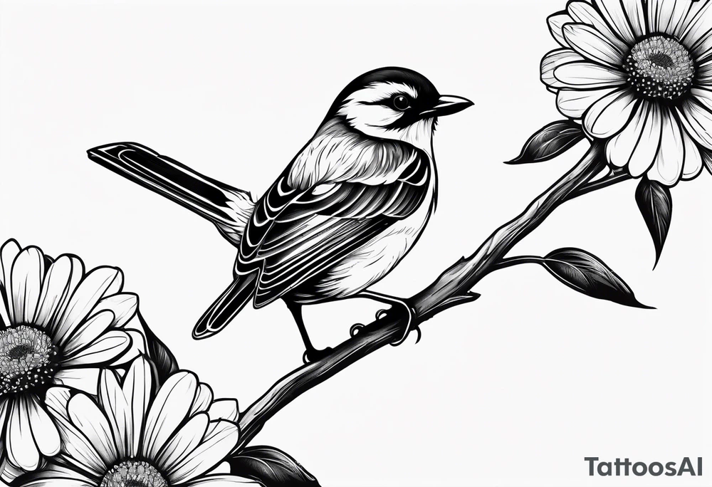 Black and white little bird, sitting on a branch holding a daisy tattoo idea