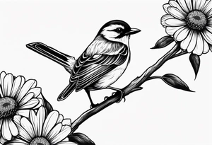 Black and white little bird, sitting on a branch holding a daisy tattoo idea