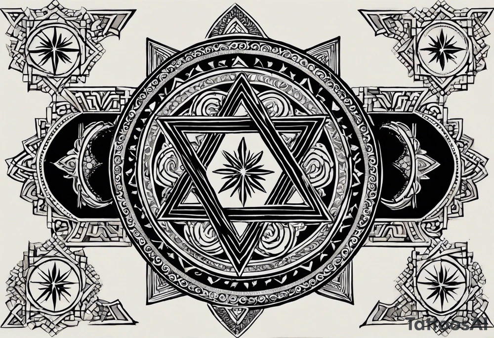 I would like two symmetrical tattoos on the left and right sides of my chest. The main element should be a Star of David (six-pointed star) on each side. Inside each star, I want the Armenian Wheel of Eternity.

	•	The Wheel of Eternity should be placed in the center of the Star of David, with a circular, swirling design to symbolize infinity and continuous life cycles. It should be detailed but simple enough to blend seamlessly with the star.
	•	The overall look should be bold, clean, and geometric, with a modern and minimalist style. tattoo idea