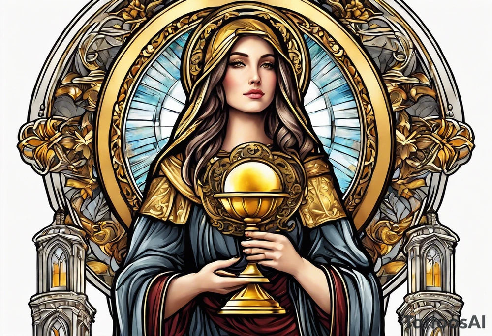 woman saint holding chalice surrounded by golden halo with a tower tattoo idea