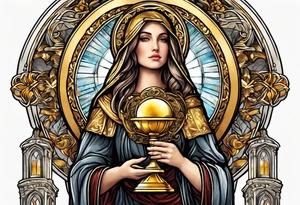 woman saint holding chalice surrounded by golden halo with a tower tattoo idea