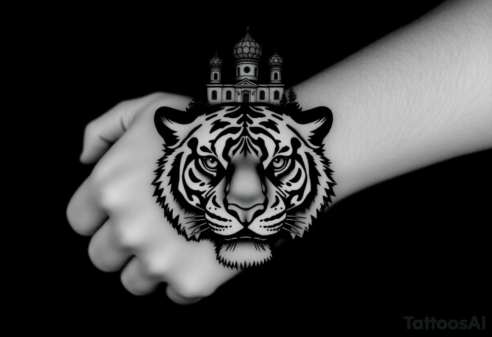 Realistic tiger face on the back of the hand with its eyes ALL black and no pupils, sitting beneath a Russian Orthodox cathedral sitting above on the top fore arm with onion domes and orthodox crosses. with clouds above and a virgin mary tattoo idea