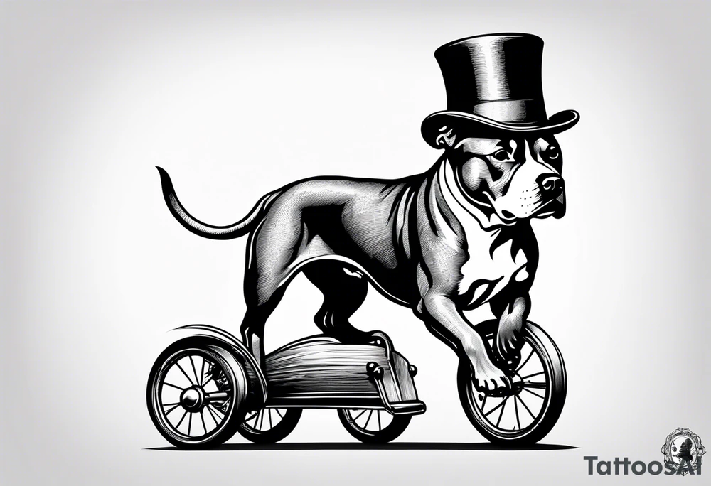 Pittbull wearing a tophat riding a tricycle tattoo idea
