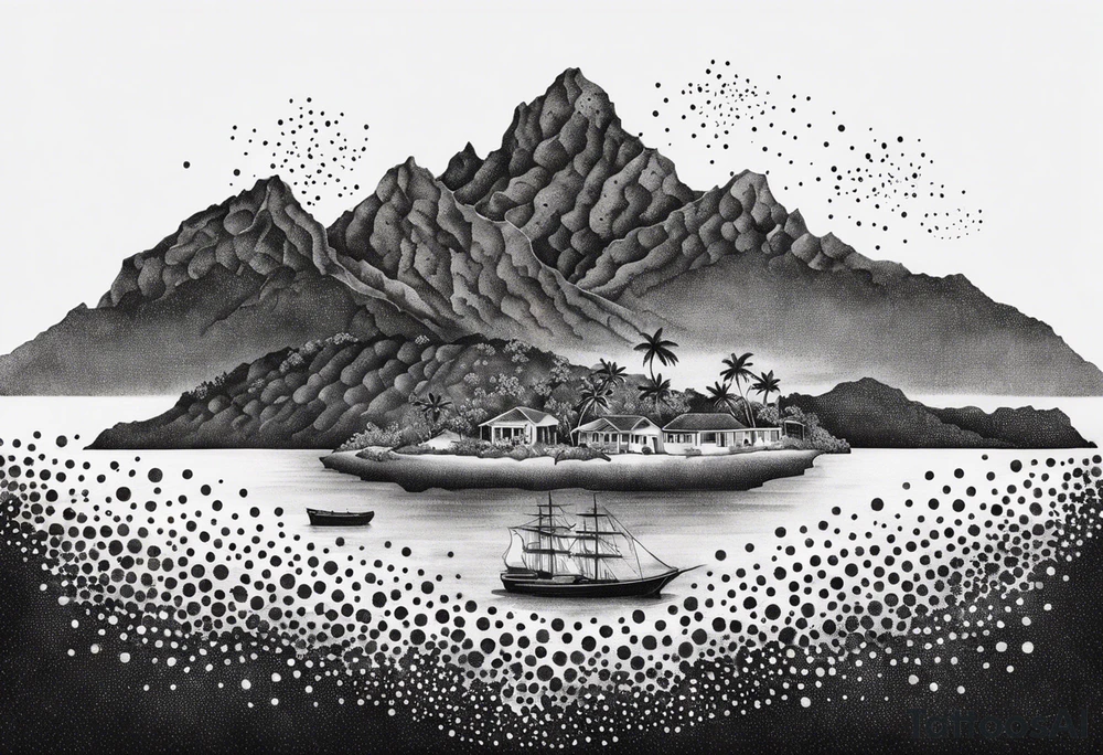 Map of the eastern Caribbean islands with an ocean view of the island mountains across the sea in the background tattoo idea