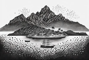 Map of the eastern Caribbean islands with an ocean view of the island mountains across the sea in the background tattoo idea