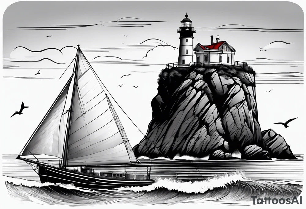 maritime lighthouse partially hidden by its  large fixed sails. tattoo idea