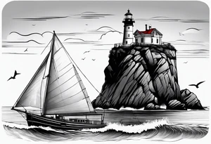 maritime lighthouse partially hidden by its  large fixed sails. tattoo idea