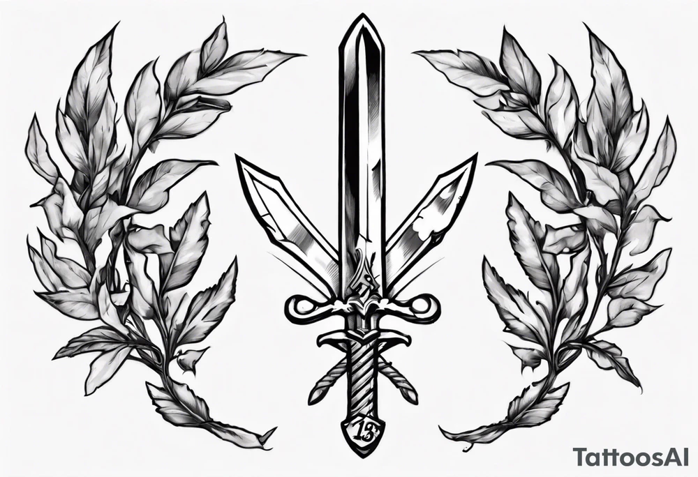 A sword runs through a laurel leaf with the number 13 tattoo idea A sword runs through a laurel leaf with the number 13 tattoo idea