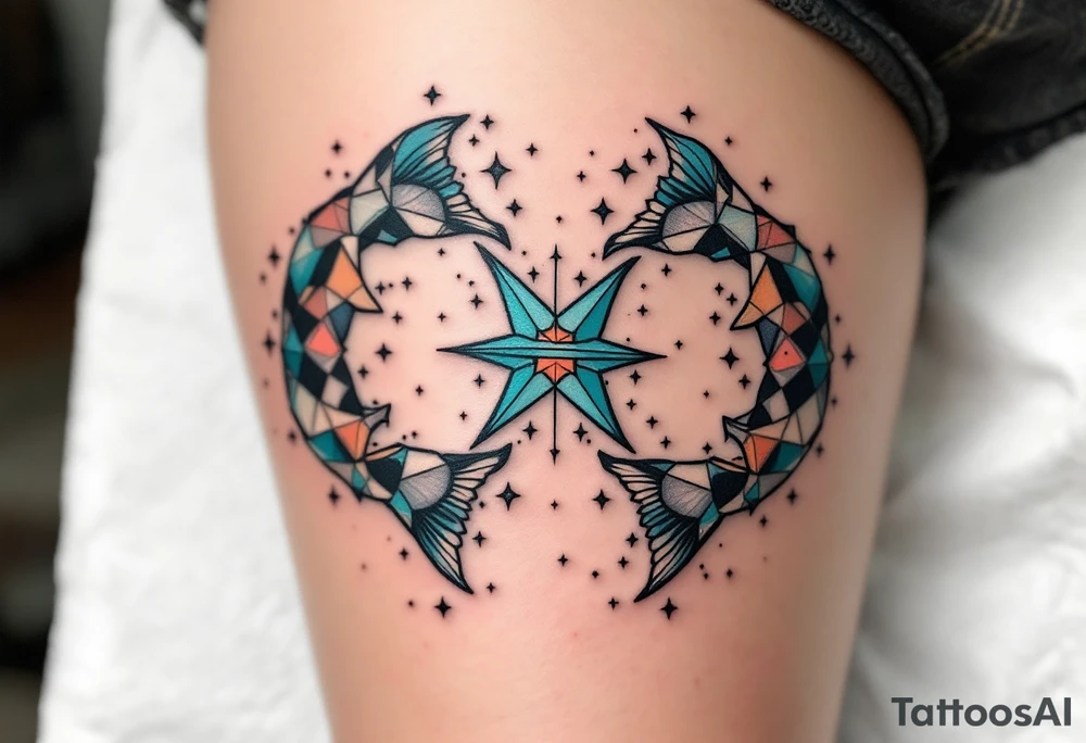 A Pisces star constellation in coral and turquoise threads its way through the Pisces sign in a mandala-style pattern. tattoo idea